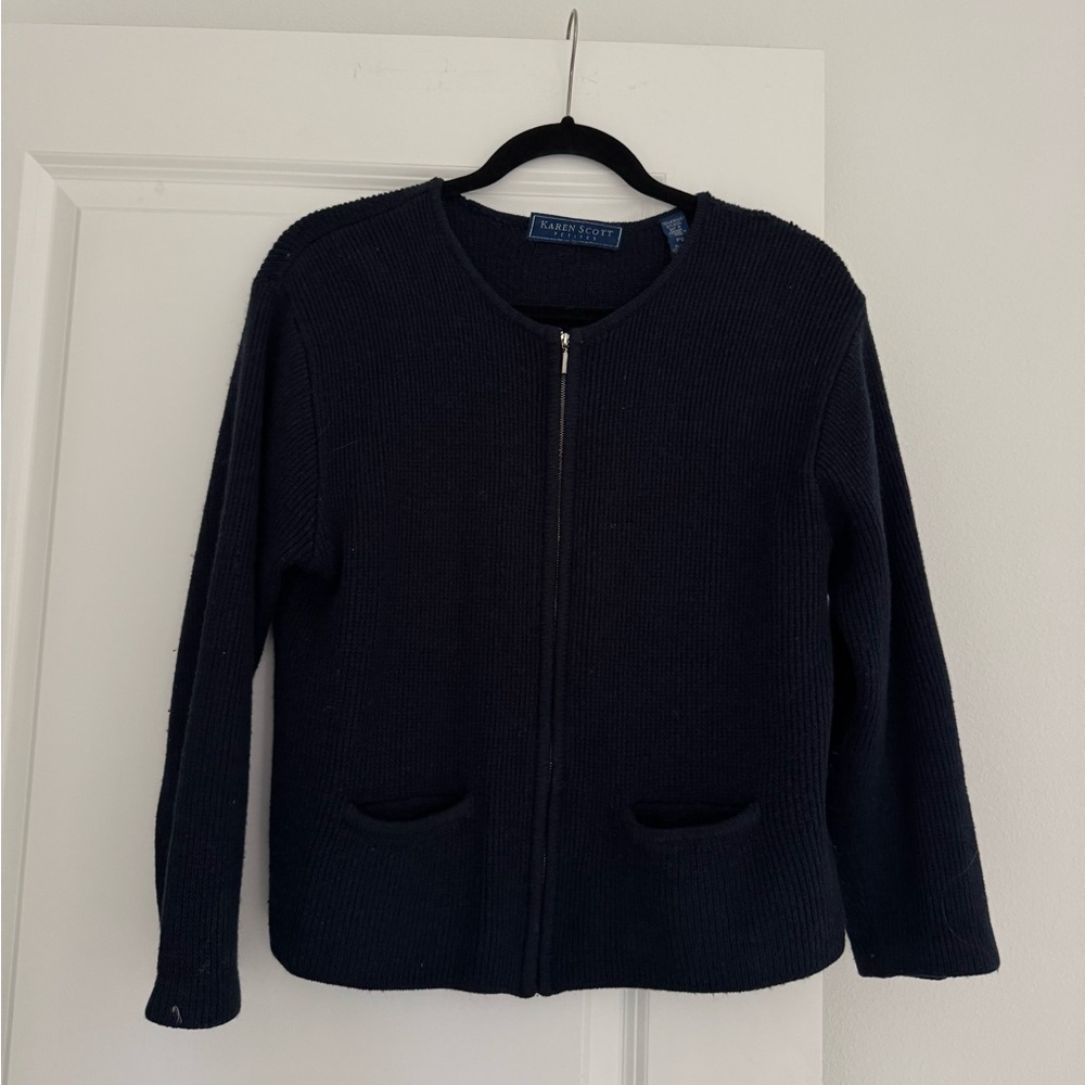 Karen Scott petites women’s navy blue wool blend cardigan sweater size 6P